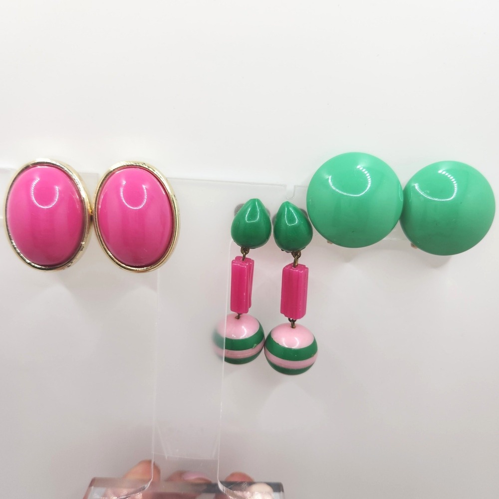 Vintage Lucite Clip On Earrings 60s Mod Pop Art Set 3 Pairs Retro GoGo Funky